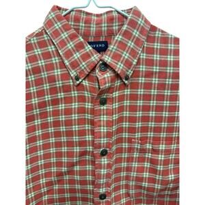 Lands End Men's  L 16 - 16 1/2 Flannel Shirt  Red Orange Plaid 100% Cotton Long